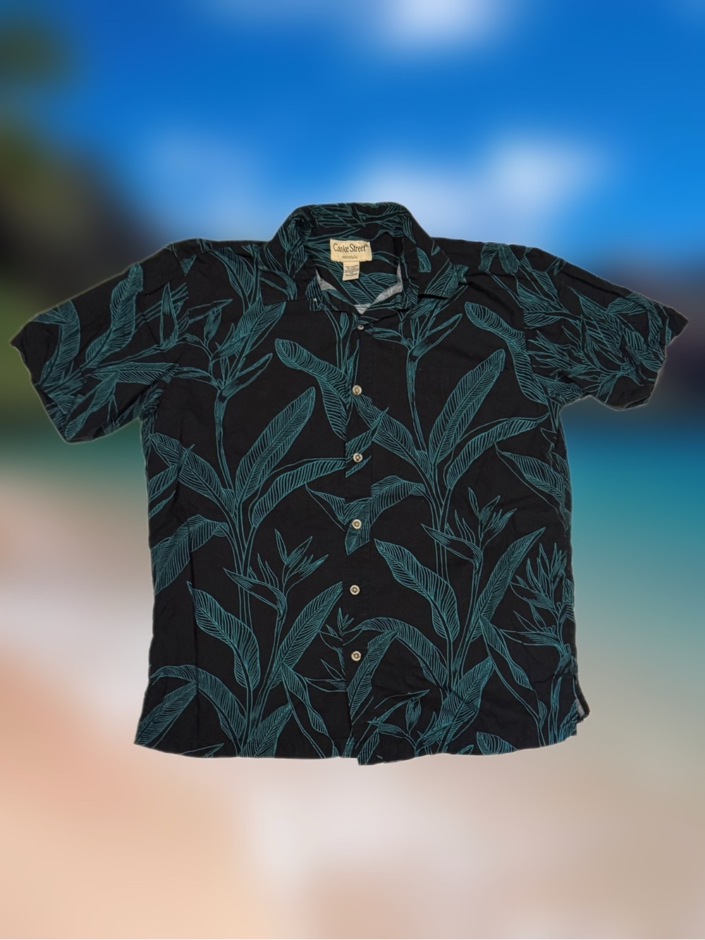 Cooke Street Men’s Size Medium Black Blue Floral Hawaiian Cotton Button-Up Shirt